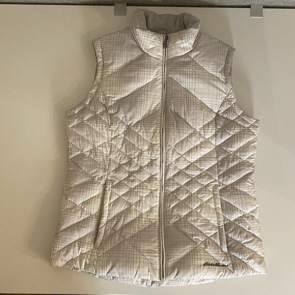 Eddie Bauer Down Puffer Vest Women Large‎ Tall Tan Plaid Quilted Zipper Pockets - Picture 1 of 12
